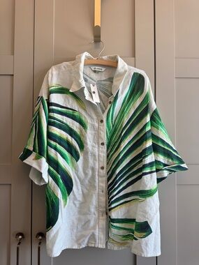 Celandine Botanical Print Linen-Blend Shirt Anthropologie Resortwear Vacation